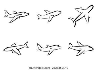 A series of airplane drawings are shown in a row. The first airplane is a small jet with a pointed nose and a large wing