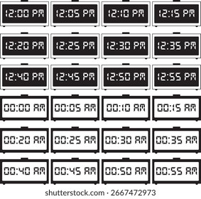 Uma série de alarmes das 12:00 às 12:55 da tarde e das 12:05 às 12:55 após a meia-noite
