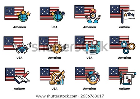 A series of American flags with various symbols and icons. The flags are arranged in a grid, with each one representing a different aspect of American culture. Some of the symbols include a book