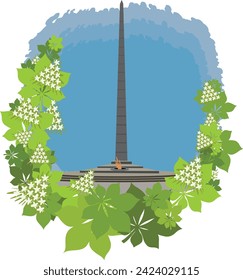 A series of architectural symbols of Kyiv. Monument to Eternal Glory in Kiev, chestnut trees in spring.   Vector drawing