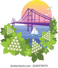 A series of architectural symbols of Kyiv. Pedestrian bridge over the Dnieper and Kyiv chestnut trees in spring.  Vector drawing