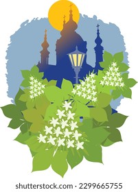 A series of architectural symbols of Kyiv. Silhouette of St. Andrew's Church in Kyiv and Kyiv chestnuts in spring.  Vector drawing