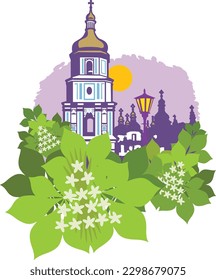 A series of architectural symbols of Kyiv. Sophia Cathedral in Kyiv and chestnut flowers in spring.  Vector drawing