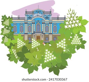 A series of architectural symbols of Kyiv. View of the Mariinsky Palace in Kyiv and blooming chestnuts. Vector drawing