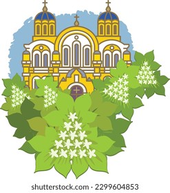 A series of architectural symbols of Kyiv. Kyiv Vladimir Cathedral and chestnut flowers in spring.  Vector drawing