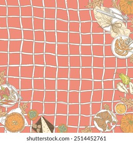 Series of autumn picnic background in hand drawing style for fall festival, harvest, thanksgiving season