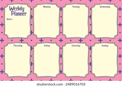 Series of back to school daily weekly monthly planner journal list memo classroom timetable schedule for kids student teacher in purple pink hand drawing template