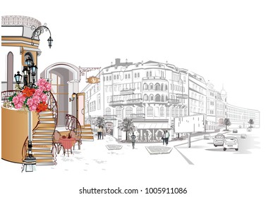 Series of backgrounds decorated with flowers, old town views and street cafes.    Hand drawn vector architectural background with historic buildings. 