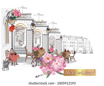 Series of backgrounds decorated with flowers, old town views and street cafes.    Hand drawn vector architectural background with historic buildings. 