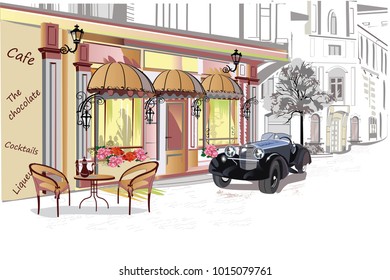 Series of backgrounds decorated with flowers, old town views and street cafes.    Hand drawn vector architectural background with historic buildings. 