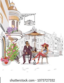 Series of backgrounds decorated with flowers, old town views and street cafes.    Hand drawn vector architectural background with historic buildings. 