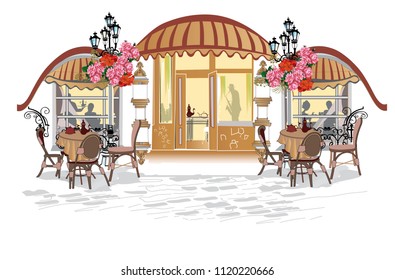 Series of backgrounds decorated with flowers, old city views and street cafes. Hand drawn vector architectural background with historic buildings.