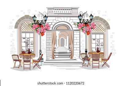 Series of backgrounds decorated with flowers, old city views and street cafes. Hand drawn vector architectural background with historic buildings.