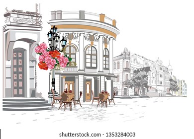 Series of backgrounds decorated with flowers, old town views and street cafes.    Hand drawn vector architectural background with historic buildings. 