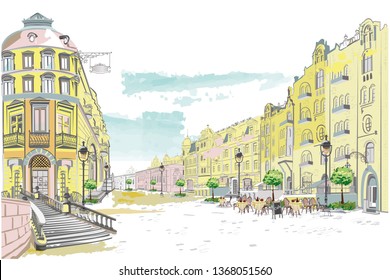 Series of backgrounds decorated with flowers, old town views and street cafes.    Hand drawn vector architectural background with historic buildings. 