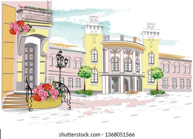 Series of backgrounds decorated with flowers, old town views and street cafes.    Hand drawn vector architectural background with historic buildings. 