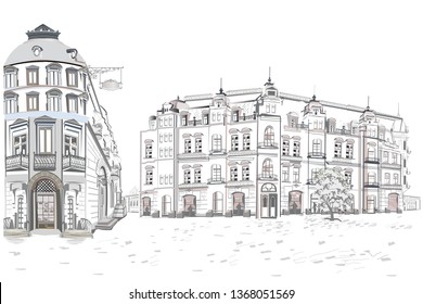 Series of backgrounds decorated with flowers, old town views and street cafes.    Hand drawn vector architectural background with historic buildings. 