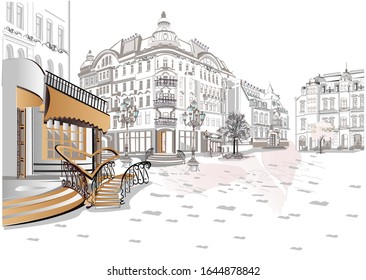 Series of backgrounds decorated with flowers, old town views and street cafes.    Hand drawn vector architectural background with historic buildings. 