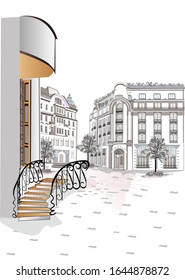 Series of backgrounds decorated with flowers, old town views and street cafes.    Hand drawn vector architectural background with historic buildings. 