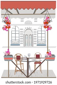 Series of backgrounds decorated with flowers, old town views and street cafes.    Hand drawn vector architectural background. 