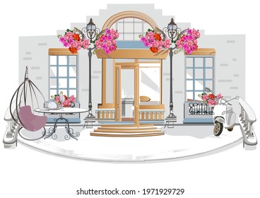 Series of backgrounds decorated with flowers, old town views and street cafes.    Hand drawn vector architectural background. 