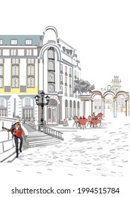 Series of backgrounds decorated with flowers, old town views and street cafes.    Hand drawn vector architectural background with historic buildings. 