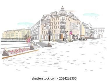 Series of backgrounds decorated with flowers, old town views and street cafes.    Hand drawn vector architectural background with historic buildings. 