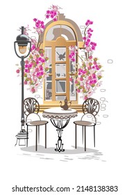 Series of backgrounds decorated with flowers, old town views and street cafes. Café window.   Hand drawn vector architectural background with historic buildings. 