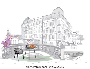 Series of backgrounds decorated with flowers, old town views and street cafes.    Hand drawn vector architectural background with historic buildings. 