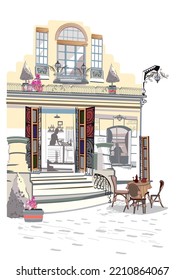 Series of backgrounds decorated with flowers, old town views and street cafes.    Hand drawn vector architectural background. 