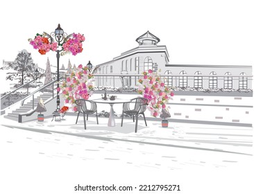 Series of backgrounds decorated with flowers, old town views and street cafes.    Hand drawn vector architectural background. 