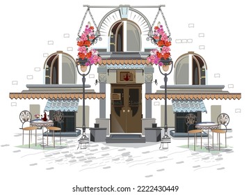 Series of backgrounds decorated with flowers, old town views and street cafes. Café window.   Hand drawn vector architectural background with historic buildings. 
