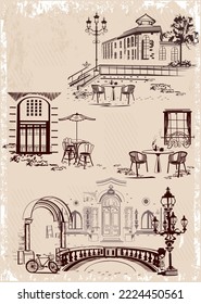 Series of backgrounds decorated with flowers, old town views and street cafes. Café window.   Hand drawn vector architectural background with historic buildings. 