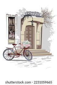 Series of backgrounds decorated with flowers, old town views and street cafes. Café window.   Hand drawn vector architectural background with historic buildings. 