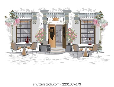 Series of backgrounds decorated with flowers, old town views and street cafes. Café window.   Hand drawn vector architectural background with historic buildings. 