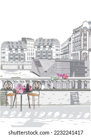 Series of backgrounds decorated with flowers, old town views and street cafes.    Hand drawn vector travel background with historic buildings in the city. 