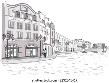 Series of backgrounds decorated with flowers, old town views and street cafes.    Hand drawn vector travel background with historic buildings in the city. 