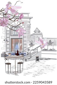 Series of backgrounds decorated with flowers, old town views and street cafes. Café window.   Hand drawn vector architectural background with historic buildings. 