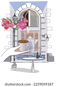 Series of backgrounds decorated with flowers, old town views and street cafes. Café window.   Hand drawn vector architectural background with historic buildings. 