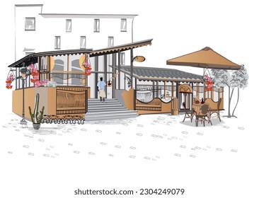 Series of backgrounds decorated with flowers, old town views and street cafes. Café window.   Hand drawn vector architectural background with historic buildings. 