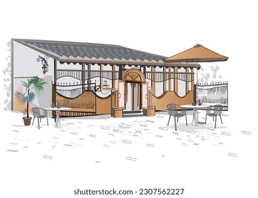 Series of backgrounds decorated with flowers, old town views and street cafes. Café window.   Hand drawn vector architectural background with historic buildings. 