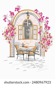 Series of backgrounds decorated with flowers, old town views and street cafes. Cafe window.   Hand drawn vector architectural background with historic buildings. 