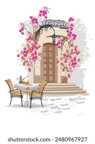 Series of backgrounds decorated with flowers, old town views and street cafes. Cafe window.   Hand drawn vector architectural background with historic buildings. 