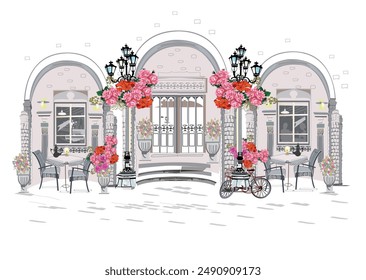 Series of backgrounds decorated with flowers, old town views and street cafes. Cafe window.   Hand drawn vector architectural background with historic buildings. 