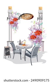 Series of backgrounds decorated with flowers, old town views and street cafes. Cafe window.   Hand drawn vector architectural background with historic buildings. 