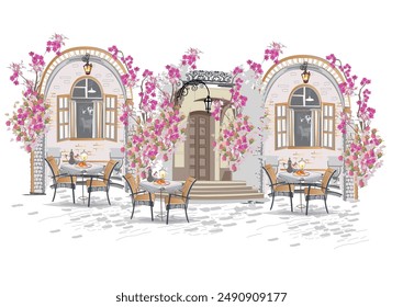 Serie de fondos decorados con flores, vistas al casco antiguo y cafés de la calle. Ventana del café.   Fondo arquitectónico de Vector dibujado a mano con edificios históricos. 