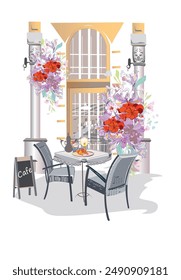 Serie de fondos decorados con flores, vistas al casco antiguo y cafés de la calle. Ventana del café.   Fondo arquitectónico de Vector dibujado a mano con edificios históricos. 