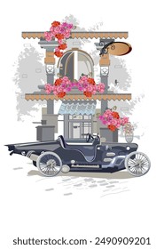 Serie de fondos decorados con flores, vistas al casco antiguo y cafés de la calle. Ventana del café.   Fondo arquitectónico de Vector dibujado a mano con edificios históricos. 