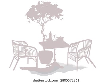 Series of backgrounds decorated with flowers, old town views and street cafes. Cafe window.   Hand drawn vector. 