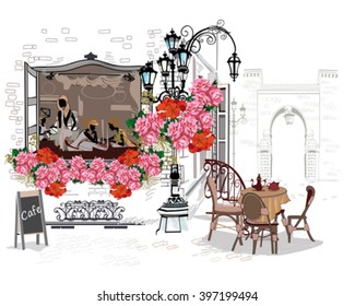 Series of backgrounds decorated with flowers, old town views and street cafes. Hand drawn Vector Illustration. 